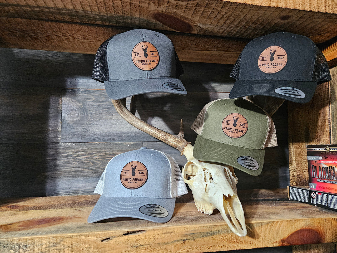 Frigid Forage Trucker Snapback hats with leather patch. Heather/White